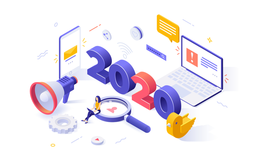 infographic banner with 2020 date woman with laptop magnifying glass concept of year of opportunities in SEO digital marketing and promotion on social media