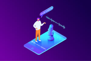 isometric concept of voice message recording man using microphone on phone communication